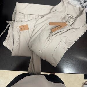 SKIMS Ribbed Pajama Set in Light Taupe